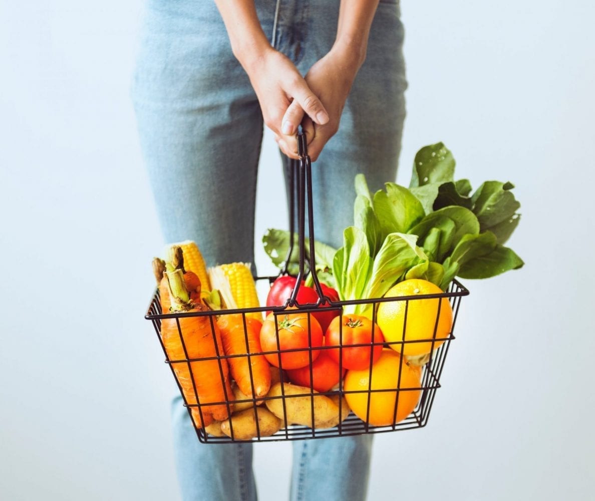 A supermarket shopping basket full with fruit and vegetables