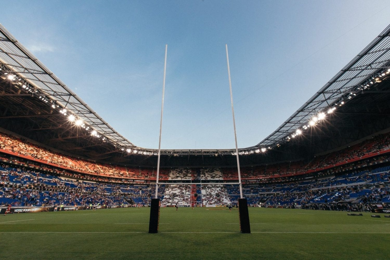 A rugby pitch in a large stadium