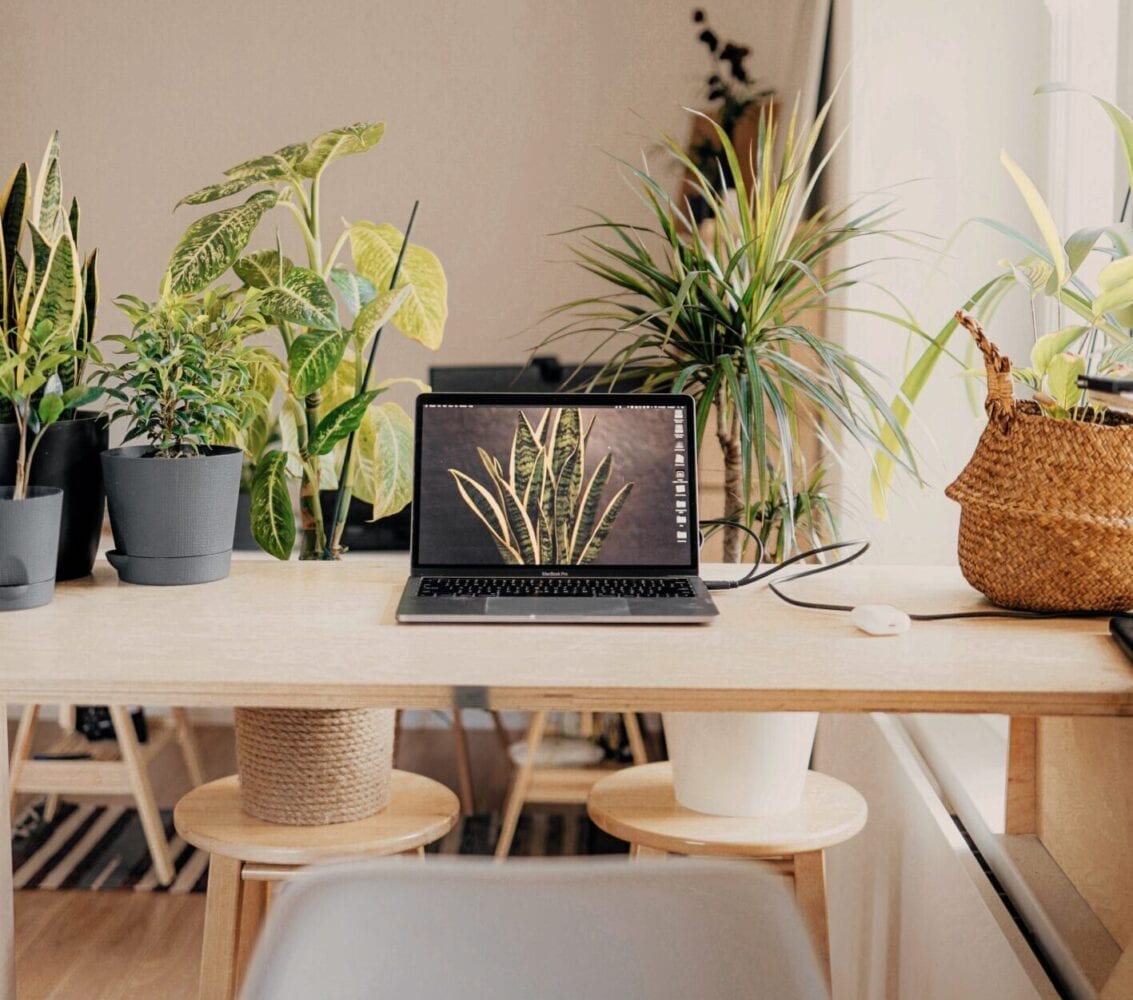 A laptop on a desk in a contemporary office space