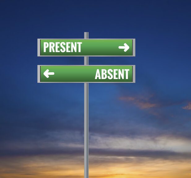 2 signposts in opposite directions, one saying present one saying absent