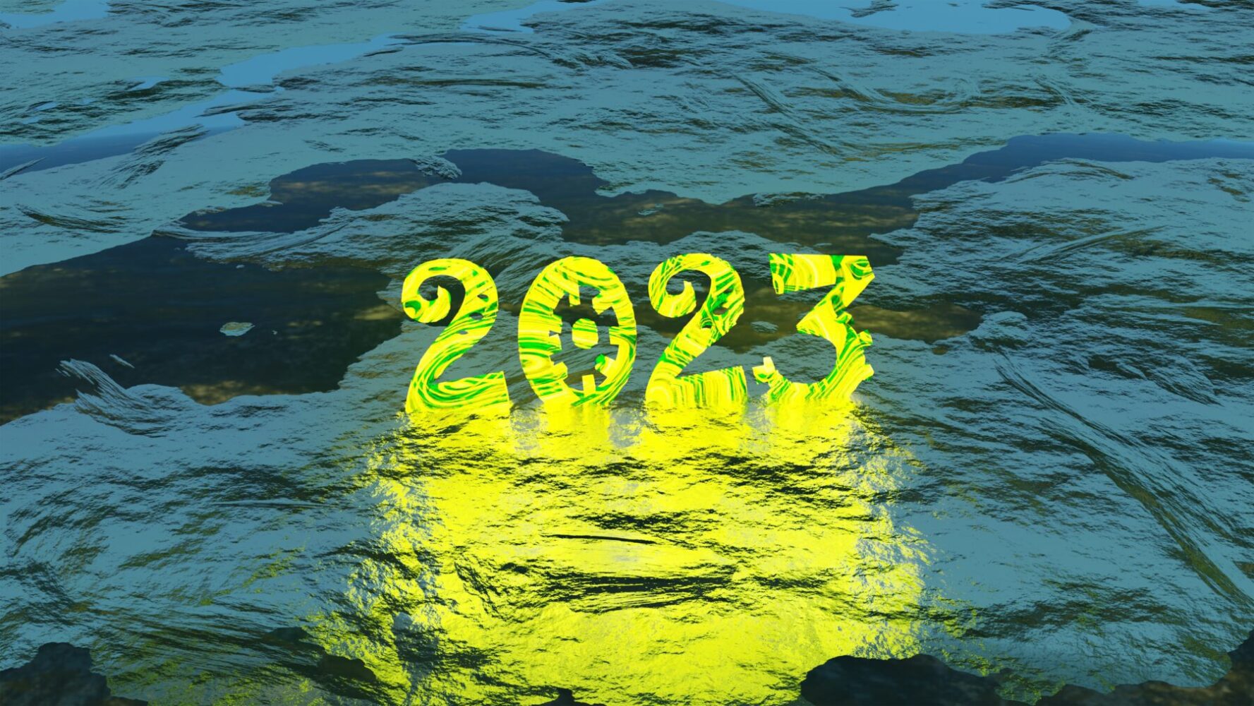 Neon yellow numbers 2023 on the surface of the sea