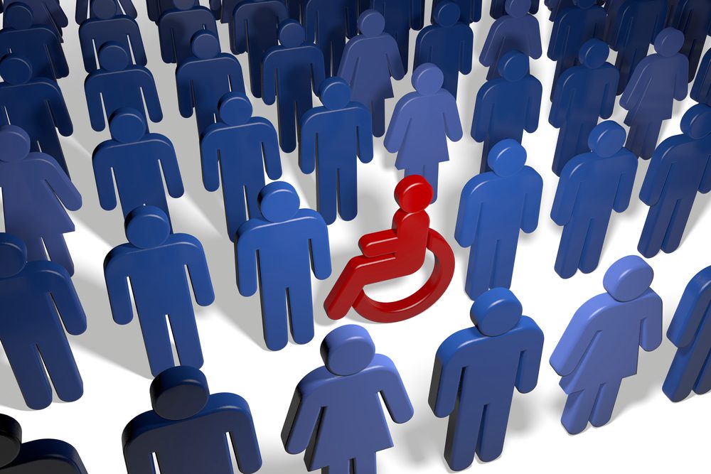 Graphic depicting a wheelchair user as an accessibility icon amongst a crowd of people