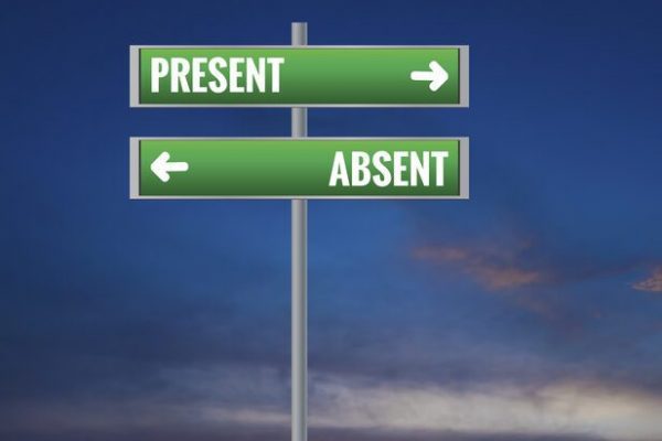 2 signposts in opposite directions, one saying present one saying absent